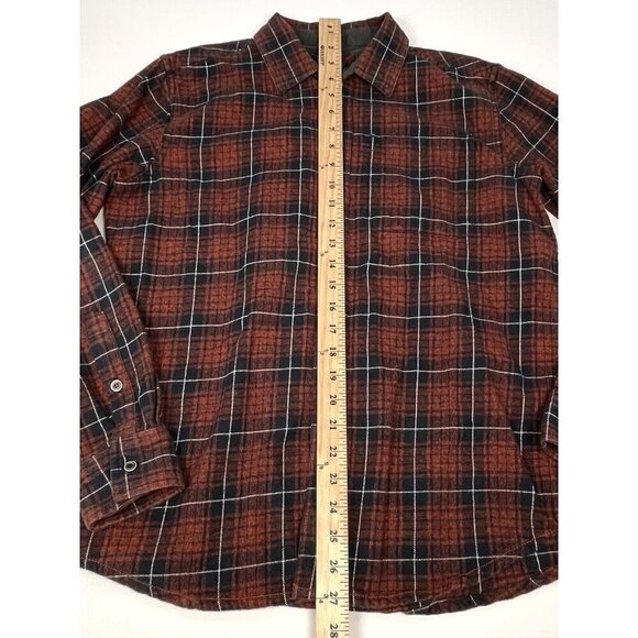 PRANA Mens SMALL Rust/Navy Plaid L/S Button-Up Organic Cotton FLANNEL SHIRT EUC - Picture 3 of 7